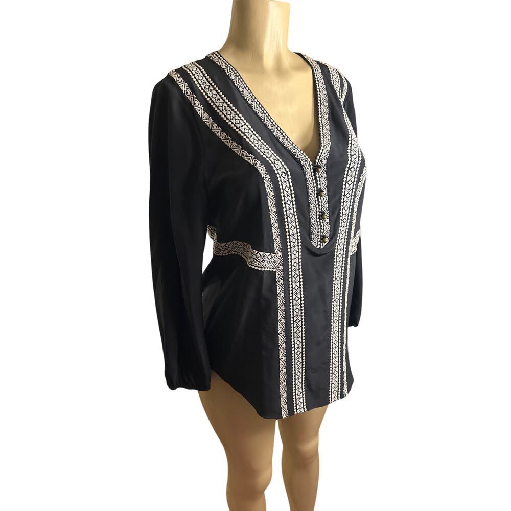 Women 6 Veronica Beard Loreto Black Embroidered Blouse Shirt Top 100% Silk